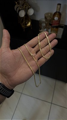 CORRENTE CADEADO DUPLO FECHO GAVETA (3mm- 60CM ou 70CM) + PULSEIRA CADEADO DUPLO FECHO GAVETA (3mm-20CM) - BANHADO A OURO 18K