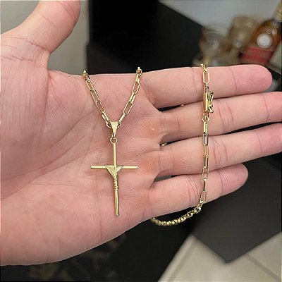 Corrente Tijolinho alongada 3mm 50/60 ou 70cm + Pingente Cruz – Banhada a Ouro 18K