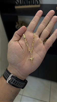 CORRENTE TIJOLINHO ALONGADO (3mm-50cm, 60cm ou 70cm +) + PINGENTE CRUZ AMARRADA