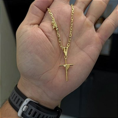 Corrente Cadeado 3mm 70cm + Pingente Cruz amarrada – Banhada a Ouro 18K