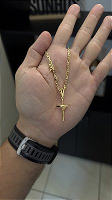 CORRENTE CADEADO (3mm-50cm, 60cm ou 70cm +) + PINGENTE CRUZ AMARRADA