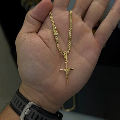 Corrente Cadeado duplo 3mm 60cm ou 70cm + Pingente Cruz amarrada – Banhada a Ouro 18K