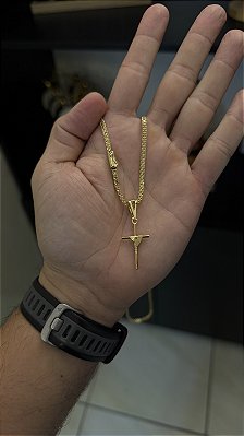 CORRENTE CADEADO DUPLO (3mm-50cm, 60cm ou 70cm +) + PINGENTE CRUZ AMARRADA