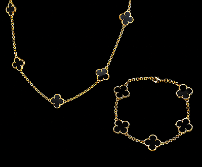 CORRENTE TREVO BLACK NEY (2mm -50cm) + PULSEIRA TREVO BLACK NEY (2mm -18cm) - BANHADO A OURO 18K