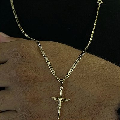 Corrente Piastrine 2mm 50/60 ou 70cm + Pingente Crucifixo com jesus – Banhada a Ouro 18K