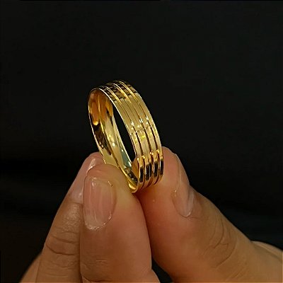Aliança Modelo Reta com Quatro Frisos Paralelos – Feita em Moeda Antiga com Banho de Ouro 18K