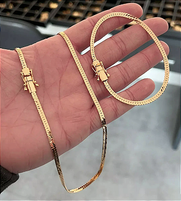 Corrente Lacraia flat 4mm 70cm + Pulseira 21cm – Banhada a Ouro 18K