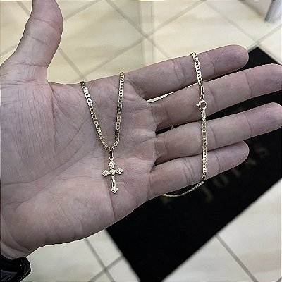 Corrente Piastrine 2mm 70cm + Pingente Crucifixo com Jesus pp – Banhada a Ouro 18K