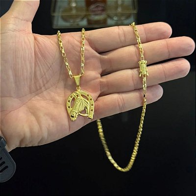 Corrente Tijolinho 3mm 70cm + Pingente Ferradura – Banhada a Ouro 18K