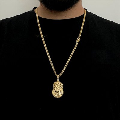 Corrente Lacraia 4mm 70cm + Pingente Jesus – Banho Ouro 18k