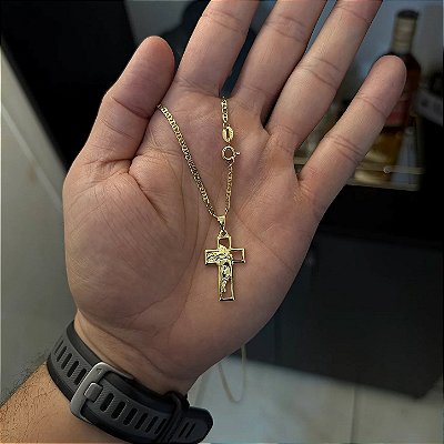 Corrente Piastrine 2mm 70cm + Pingente Cruz rosto de Jesus – Banhada a Ouro 18K