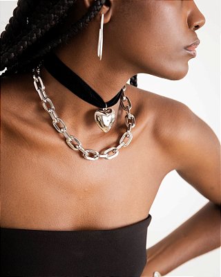 Choker Veludo Coração Prata