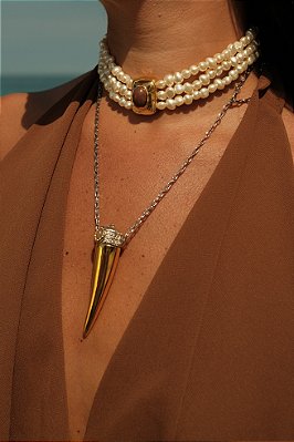 Colar Dente Bicolor Longo