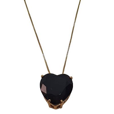COLAR CORRENTE COM PINGENTE CORAÇÃO CRISTAL PRETO