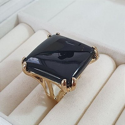 ANEL OURO 18 K PEDRA QUADRADA AGATA PRETA CENTRAL