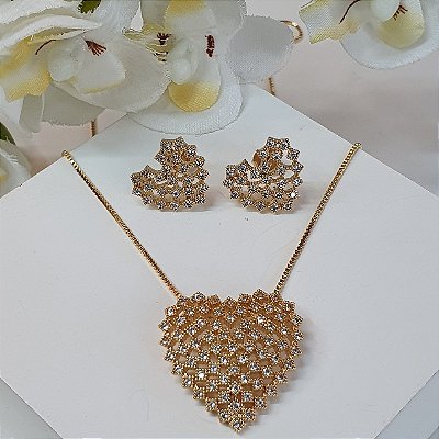 CONJUNTO COLAR E BRINCO CORAÇÃO INTEIRO CRAVEJADO ZIRCONIAS BRANCAS