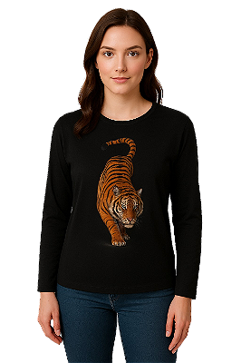 BLUSA MALHA VISCOSE MANGAS LONGAS BORDADO ONÇA NA FRENTE COR PRETO