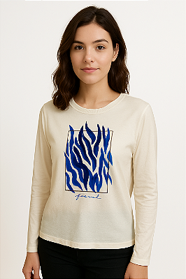 BLUSA MALHA VISCOSE DECOTE REDONDO BORBADO MANGAS LONGAS ESTAMPA COM AZUL NA FRENTE COR OFF WHITE