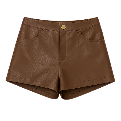 SHORT COURO ECOLOGICO COM BOLSOS E BOTAO DE PRESSAO DOURADO MARROM