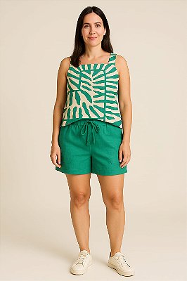CONJUNTO BLUSA ALÇA LARGA ESTAMPADA E SHORT COM ELASTICO BOLSO TURQUEZA