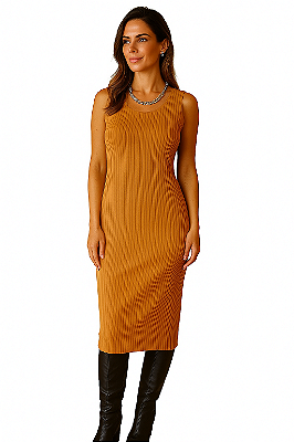 VESTIDO MIDI CANELADO CAVADO FORRADO COR MARROM