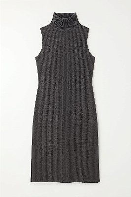 VESTIDO MALHA QUADRICULADA GOLA ALTA E CAVADO COR PRETO