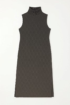 VESTIDO CAVADO GOLA ALTA LANZINHA MALHA TRABALHADA COR PRETO