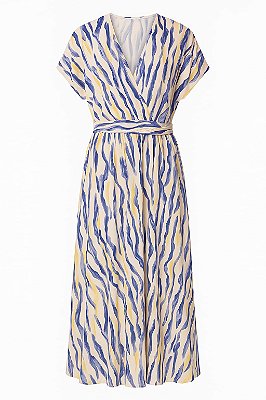 VESTIDO MIDI CAVADO TRANSPASSADO ELASTICO CINTURA ESTAMPADO AZUL BRANCO E AMARELO