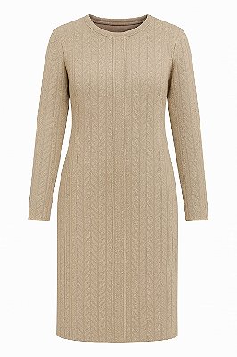 VESTIDO MIDI TRICO TRABALHADO MANGA LONGA COM COLAR NUDE
