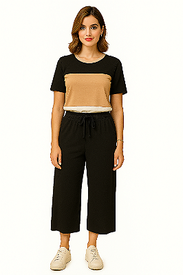 CONJUNTO MALHA BLUSA LISTRADA NUDE PRETO E BEGE E CALÇA PANTACUR PRETA