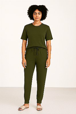 CONJUNTO MALHA BLUSA MANGA CURTA E CALÇA MALHA COM PUNHO VERDE MILITAR