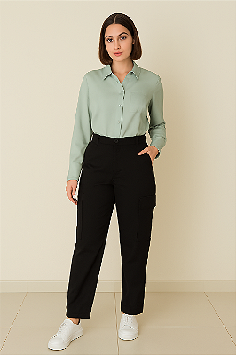 CALÇA JEANS WIDE LEG CARGO PRETA