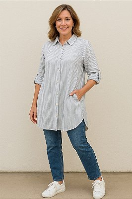 CAMISA MANGA 4/4 LISTRADA AZUL E BRANCA