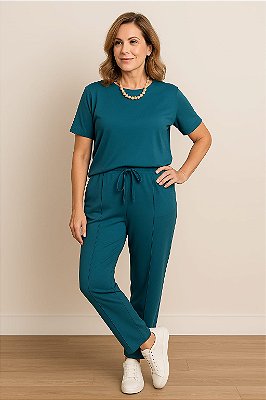 CONJUNTO BLUSA DECOTE REDONDO E MANGAS E CALÇA COM FRISO NA FRENTE AZUL PETROLEO