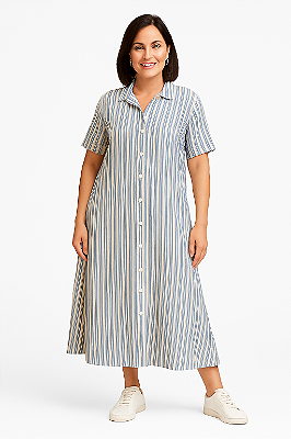 VESTIDO CHEMISE LONGO MANGA CURTA LISTRADO AZUL E BRANCO