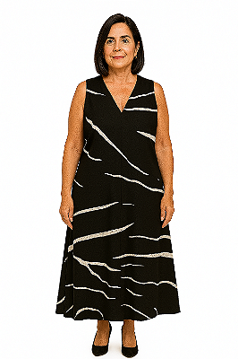 VESTIDO LONGO LINHO CAVADO FENDA ATRAS ESTAMPADO PRETO E BRANCO
