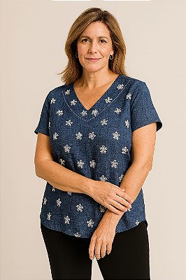 BLUSA COM MANGA CURTA BORDADO FLOCOS NEVE  CALÇA FORRADA BOLSOS PESPONTADOS CREPE DE JEANS