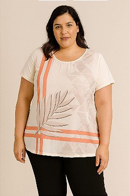 BLUSA MANGA CURTA FRENTE SEDINHA ESTAMPADA LARANJA E BRANCA MARROM  E ATRAS MALHA BRANCA