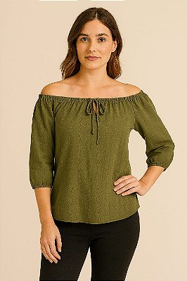 BLUSA CIGANINHA MANGA 7/8 E AMARRAÇÃO DECOTE VERDE MUSGO