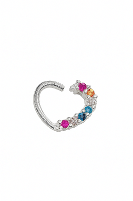 PIERCING PRATA 925 ORELHA ARGOLINHA CORAÇÃO COMUM LADO CRAVEJADO ZIRCONIAS COLORIDAS