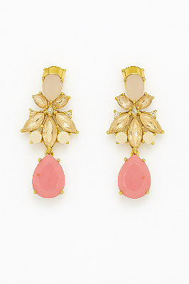 BRINCO FESTA GOTA ROSA CLARO FLOR DE ZIRCONIAS ROSAS NO MEIO E PINGENTE GOTA PINK BANHO OURO