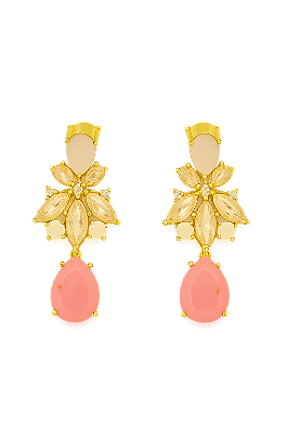 BRINCO FESTA GOTA ROSA CLARO FLOR DE ZIRCONIAS ROSAS NO MEIO E PINGENTE GOTA PINK BANHO OURO