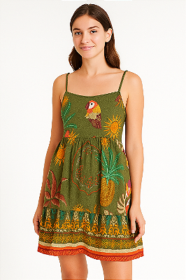 VESTIDO CURTO ALÇINHA AJUSTAVEL ELASTICO NAS COSTAS VERDE ESTAMPA FARM