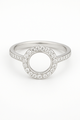 ANEL APARADOR FINO EM BANHO DE PRATA  COM CIRCULO VAZADO CRAVEJADO DE MICRO ZIRCONIAS NO CENTRO