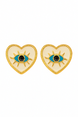 BRINCO CORAÇÃO ESMALTADO BRANCO CO OLHO GREGO EM ESMALTADO AZUL BANHO OURO