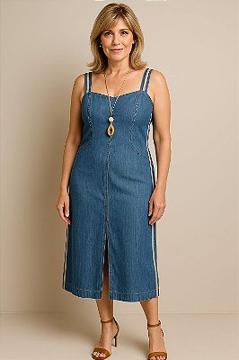 VESTIDO MIDI LIOCEL ALÇA E LATERASI COM FAIXA LISTRADA FENDA NA FRENTE JEANS LIOCEL CLARO