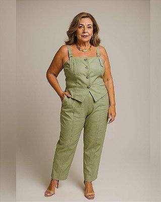 CONJUNTO COLETE BOTOES DOURADOS E CALÇA RETA RECORTE NA FRENTE