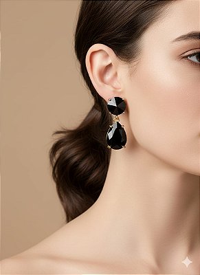 BRINCO BASE REDONDA E PINGENTE GOTA ZIRCONIAS PRETAS BANHO OURO