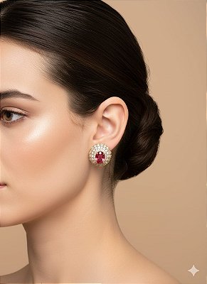 Brinco medio dourado - camafeu com pedra rosa cravejado de micro zirconias