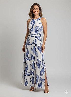 VESTIDO LONGO CAVADO RECOTE NA CINTURA ESTAMPADO AZUL E OFF WHITE